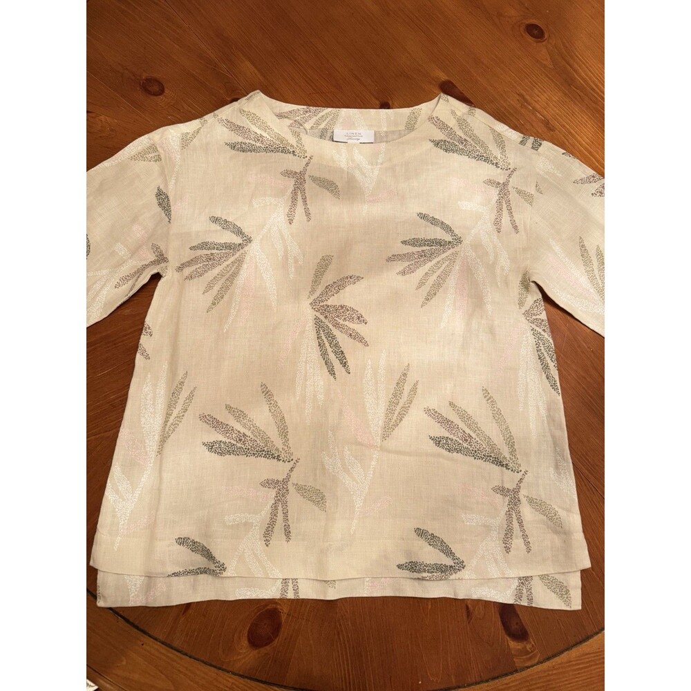Charter Club Women Blouse XS Beige Linen Floral Crew Neck‎ Pullover Beach Casual